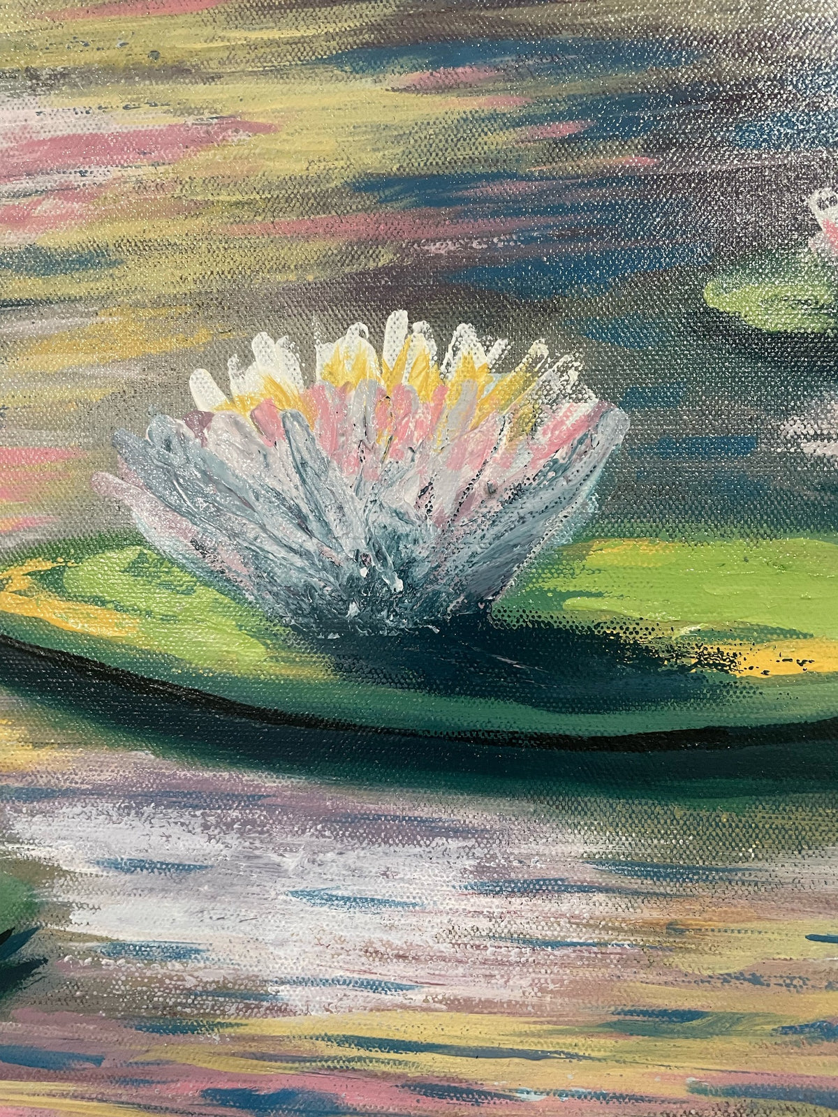 No One Likes Me original acrylic painting detail: white and pink water lily with yellow center on a green lily pad, in thick textured heavy-body acrylic