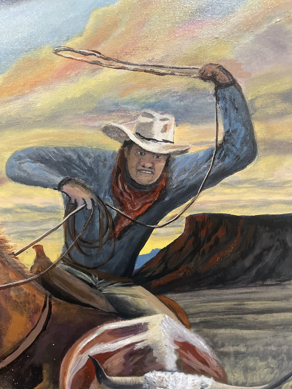 You're Mine original acrylic painting detail: longhorn charging through grass