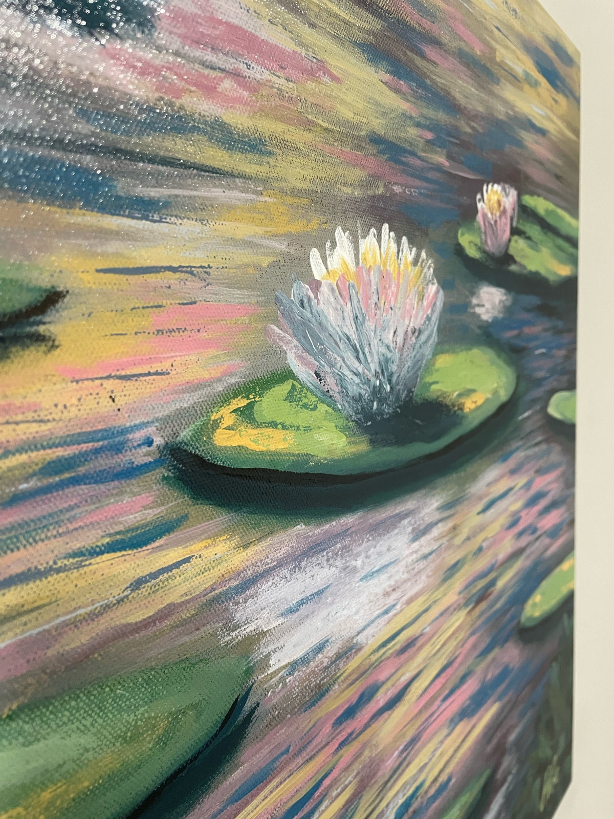 No One Likes Me original acrylic painting detail: angled view of the white water lily and a smaller pink lily on green pads among shimmering reflections