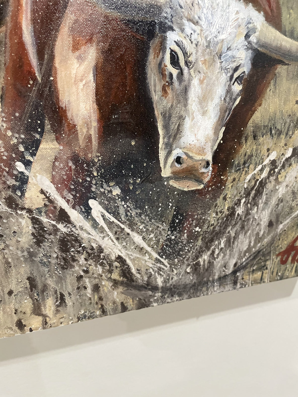 You're Mine original acrylic painting detail: steers splashing through grass