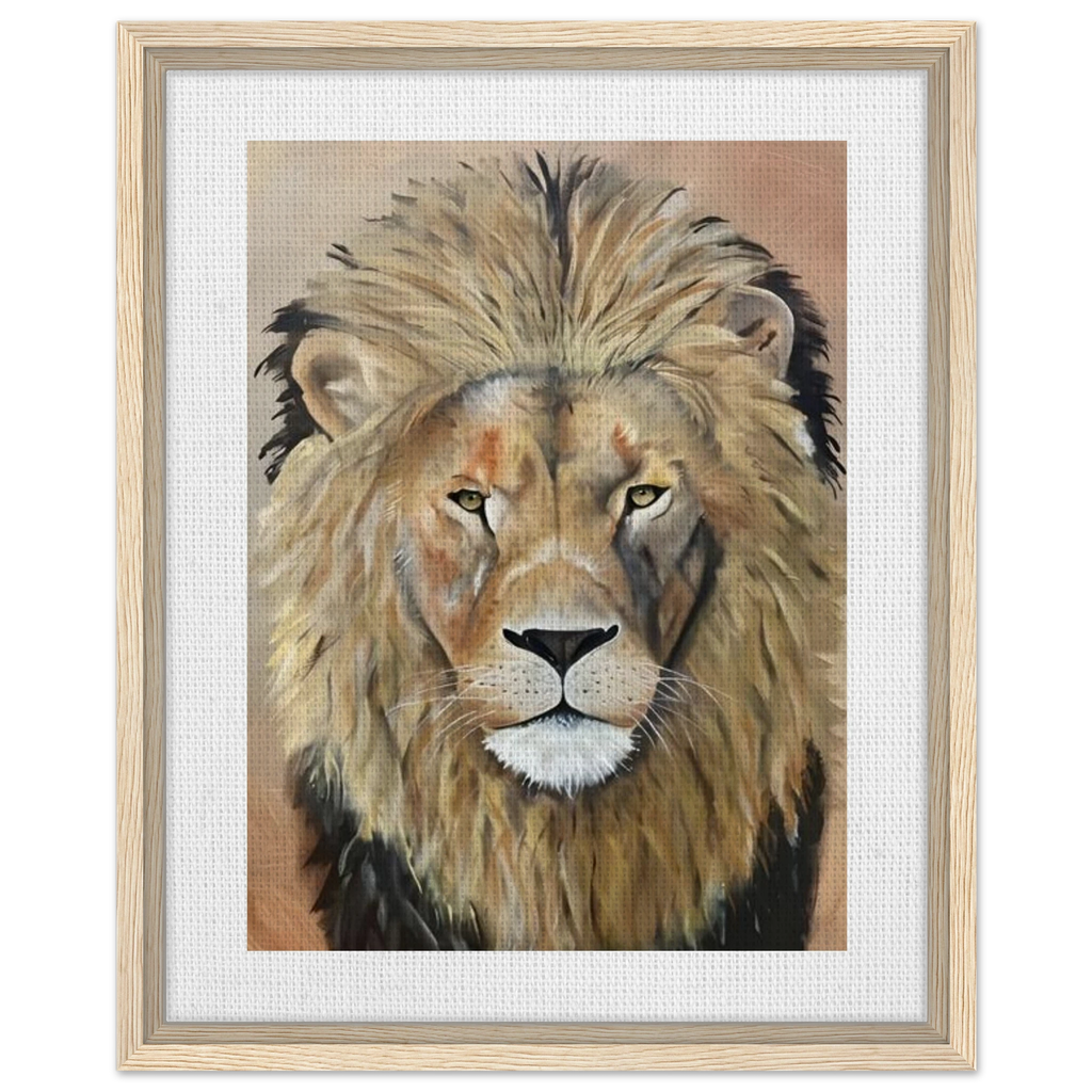 Courage by A. Poe — framed canvas print of a male lion with an intense golden gaze and full mane (view 2)