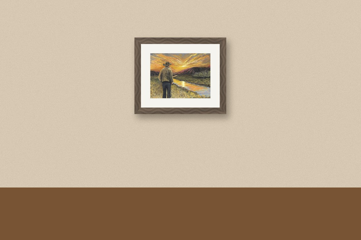 God's Grace original painting shown at true scale on a wall, a cowboy at the river at sunset