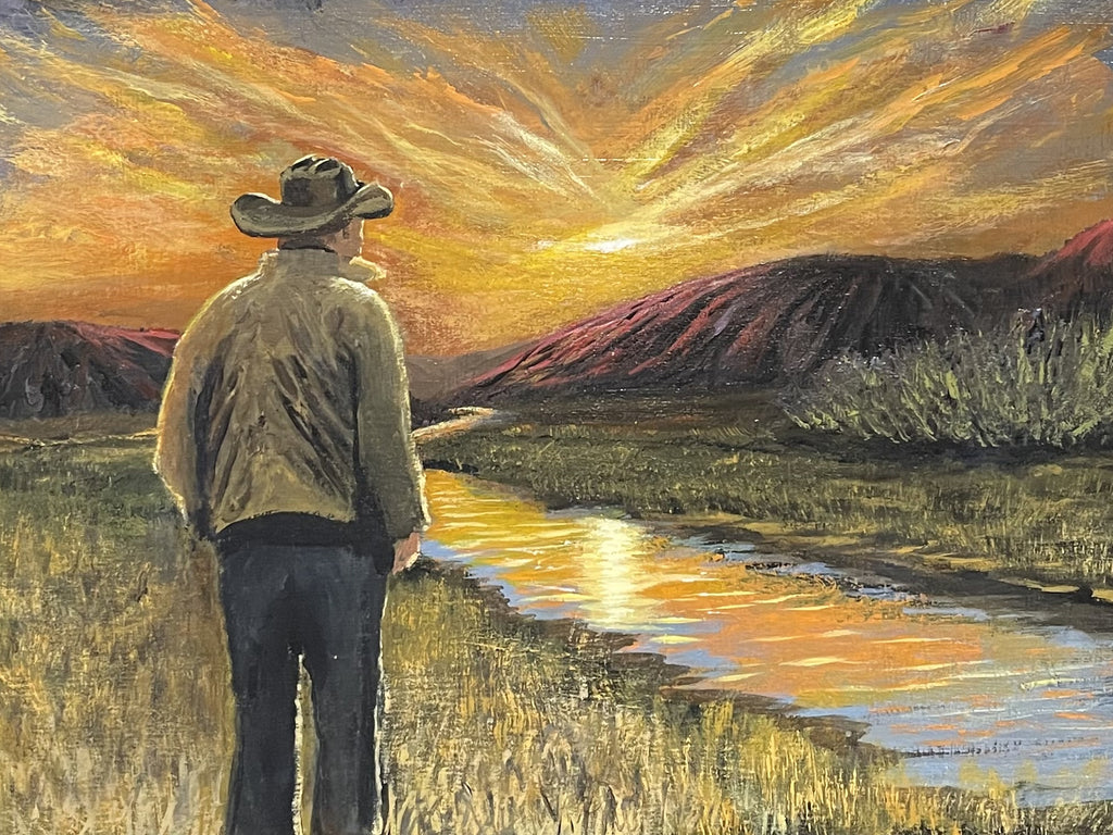 Artwork for the God's Grace framed print: a cowboy at a golden river beneath a blazing sunset over red mesas