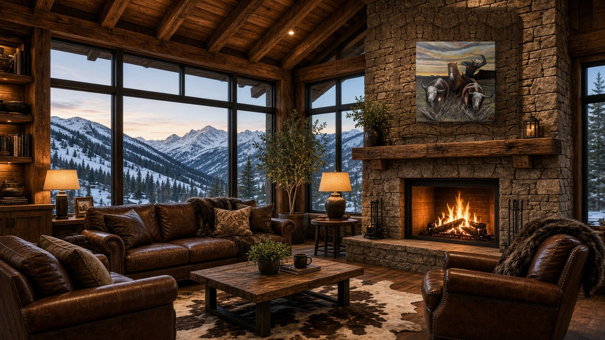 You're Mine original acrylic painting hanging above a stone fireplace in a mountain lodge living room with leather sofas and snowy peaks outside