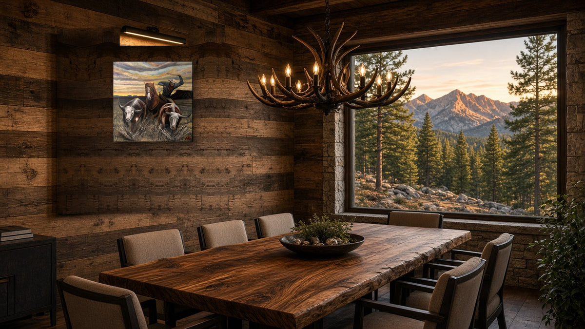 You're Mine original acrylic painting on a reclaimed-wood wall above a live-edge dining table with an antler chandelier and mountain view