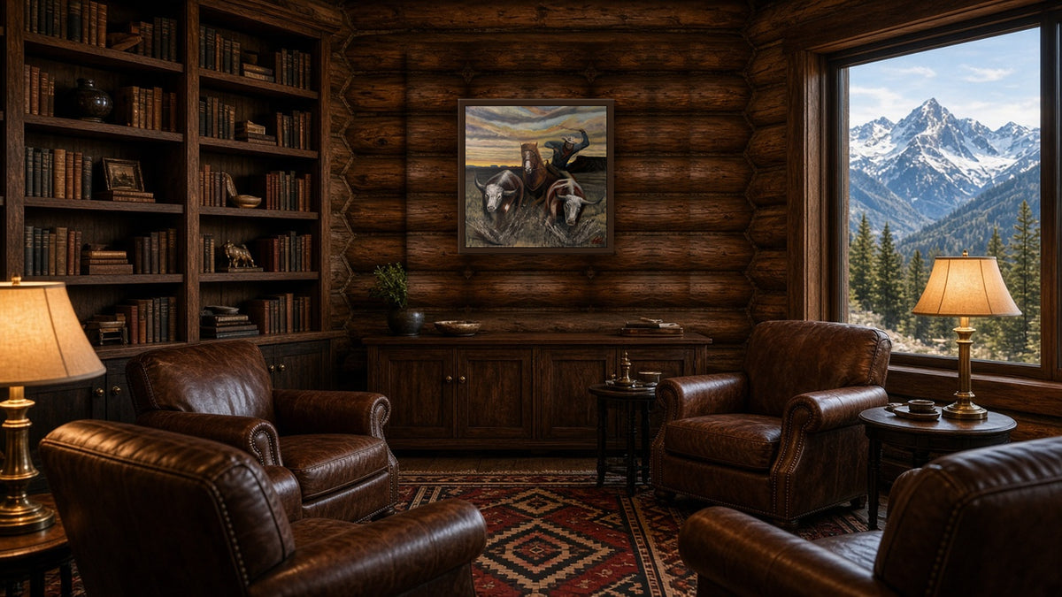 You're Mine framed print in a walnut-tone wood frame on a log wall in a cabin library with leather chairs and a mountain view