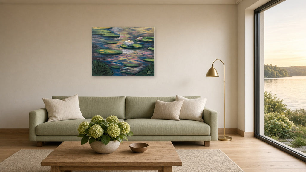 22x28 inch water lily painting No One Likes Me shown to scale above a sage green sofa in a bright living room
