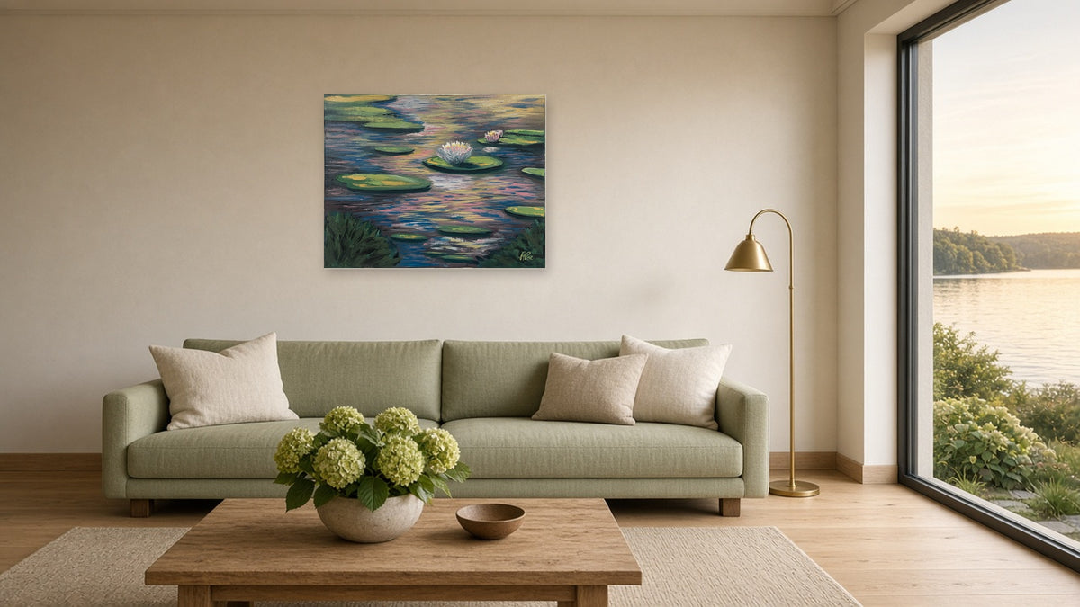 22x28 inch water lily painting No One Likes Me shown to scale above a sage green sofa in a bright living room