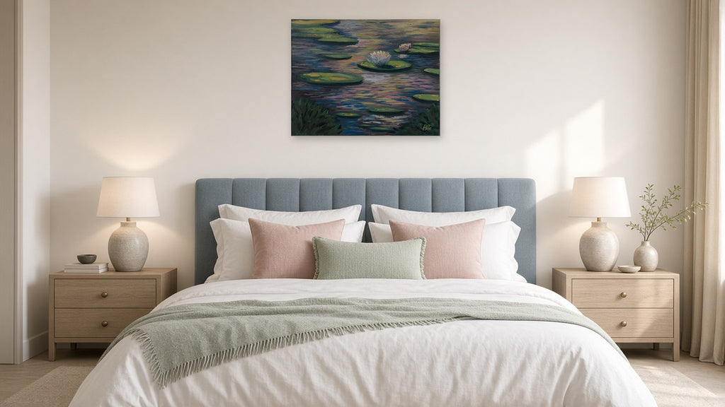 Original water lily pond painting shown to scale above an upholstered blue headboard in a calm bedroom