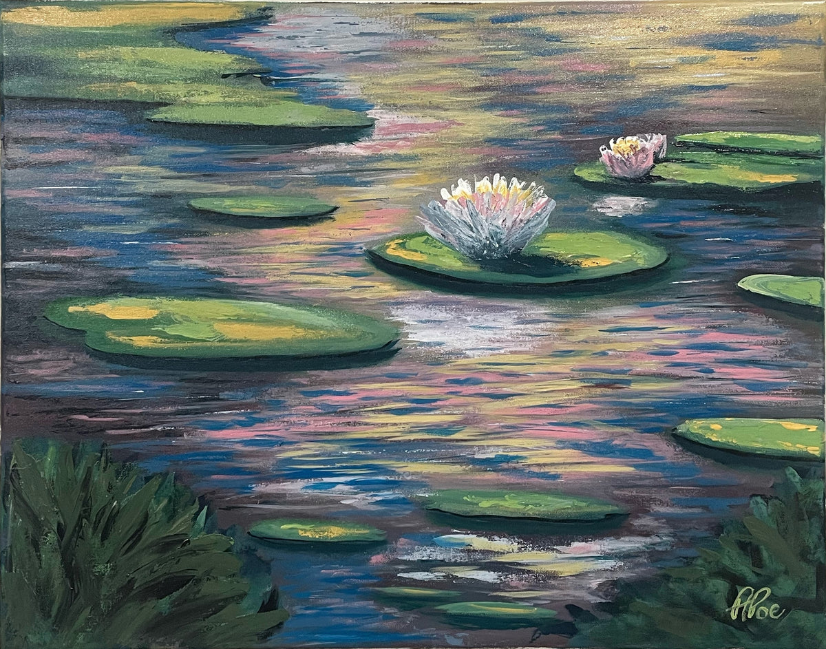 No One Likes Me, an original impressionist acrylic painting by Adam Poe of a white-pink water lily on a green pad in a shimmering pink, gold and blue pond