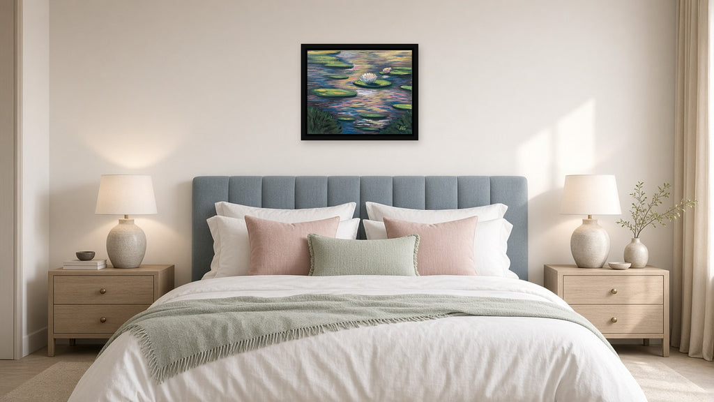 16x20 framed canvas print of No One Likes Me in a black floating frame, shown to scale above a blue upholstered headboard