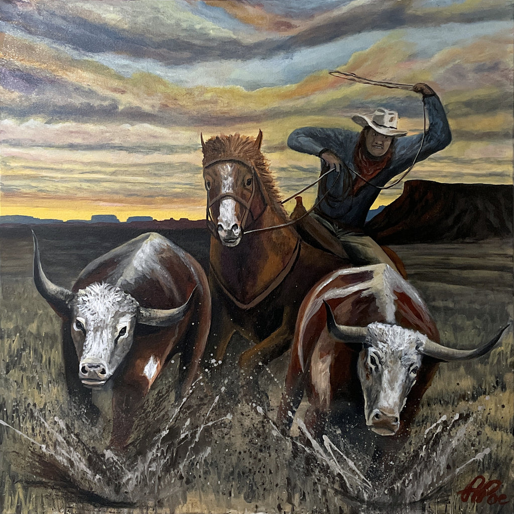 You're Mine, an original acrylic painting by Adam Poe of a cowboy on a sorrel horse swinging a lasso behind two charging Texas longhorns under a striped sunset sky