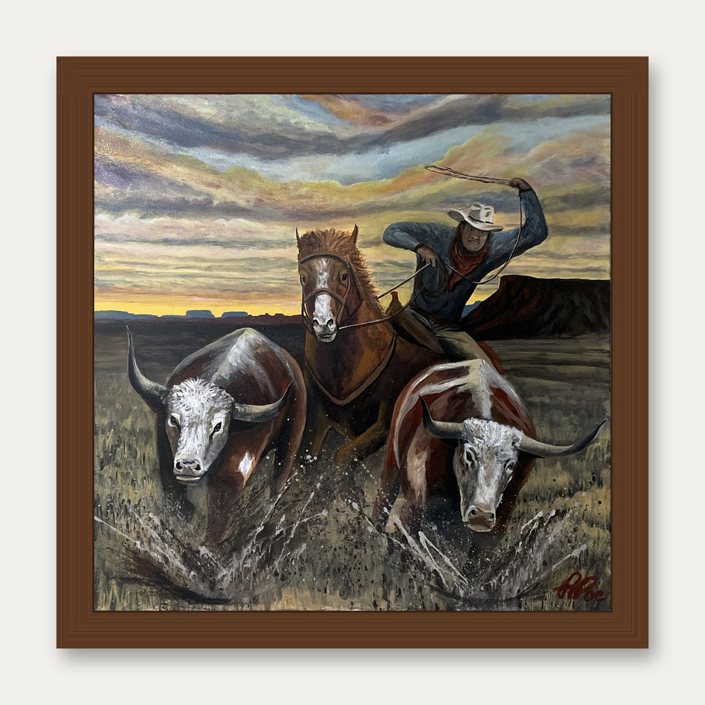 You're Mine framed print 16x16 in a walnut-tone wood frame, western longhorn painting by A. Poe